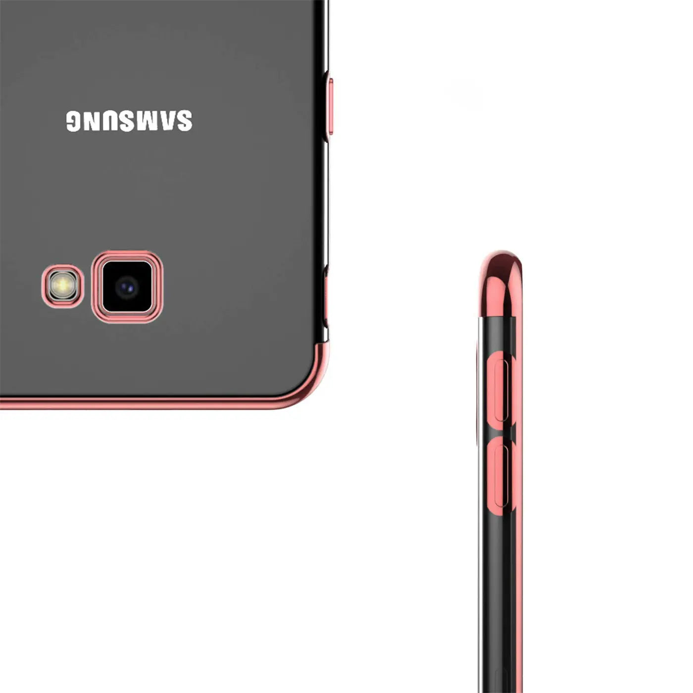 Samsung Galaxy J4 Plus Hülle, transparent, rosa Rand, Rückseite & Seite