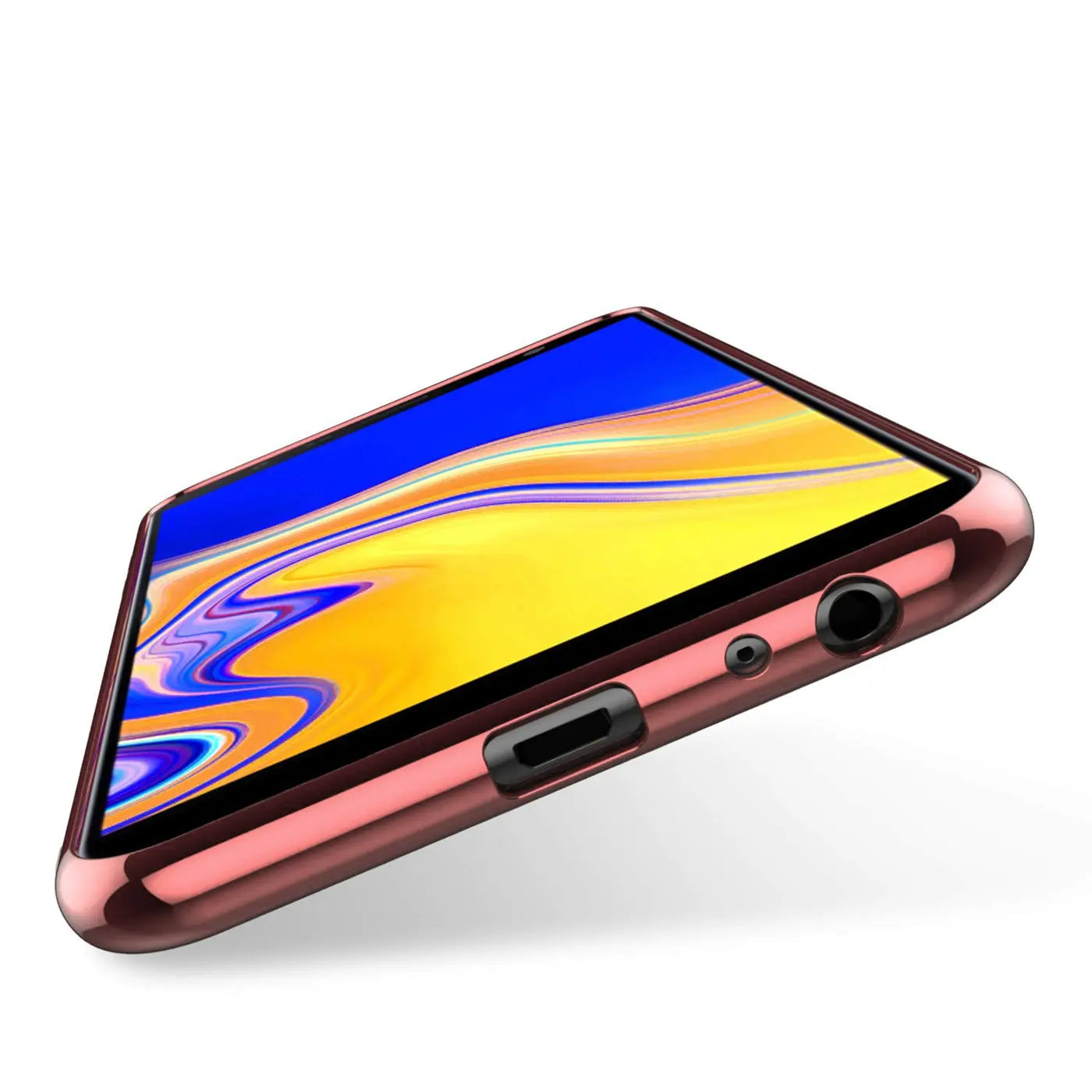 Samsung Galaxy J4 Plus Hülle, rosé, glänzend, von unten links gezeigt.