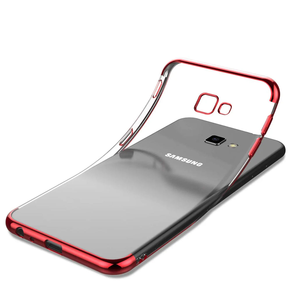 Transparente Handyhülle für Samsung Galaxy J4 Plus mit farblichen Akzenten in Schwarz, Rot, Blau oder Roségold.