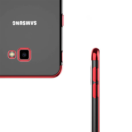 Transparente Handyhülle für Samsung Galaxy J4 Plus mit farblichen Akzenten in Schwarz, Rot, Blau oder Roségold.