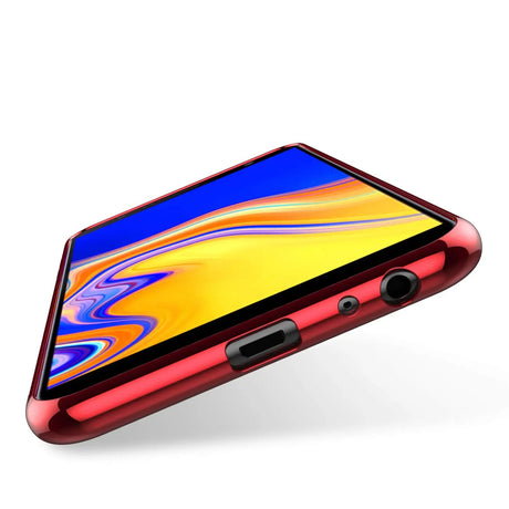 Transparente Handyhülle für Samsung Galaxy J4 Plus mit farblichen Akzenten in Schwarz, Rot, Blau oder Roségold.