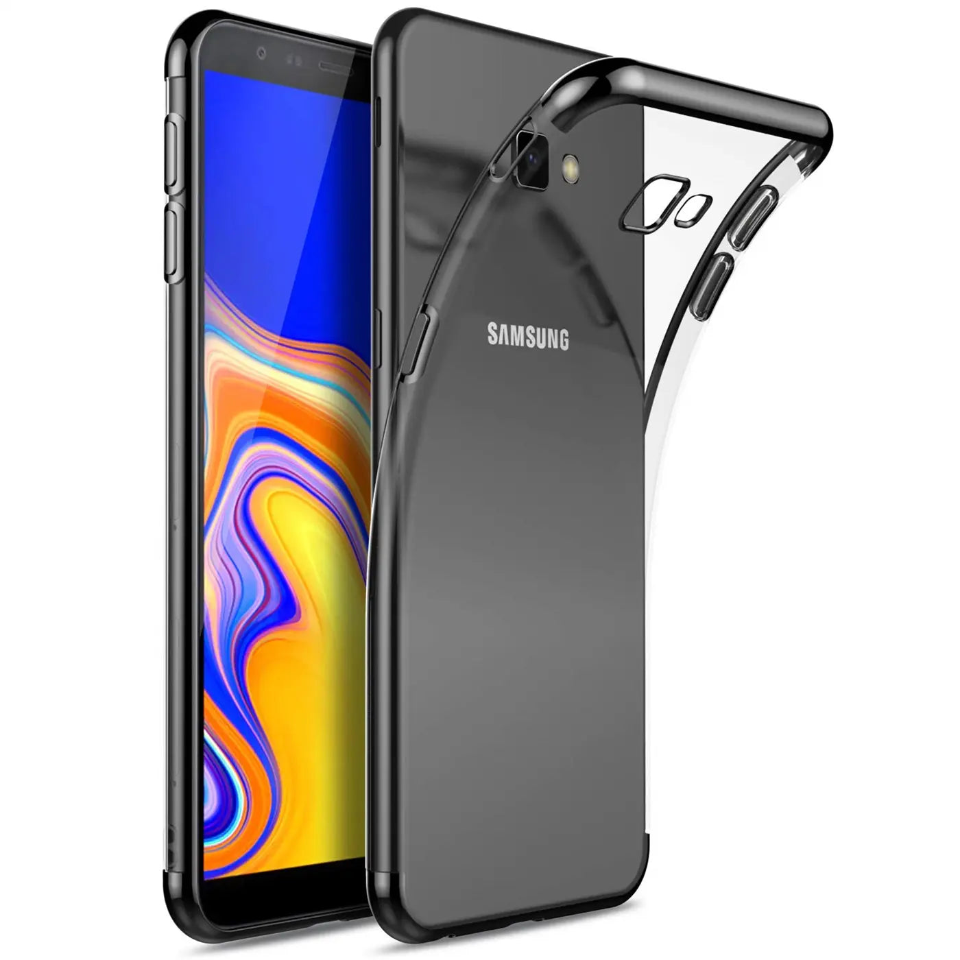 Samsung Galaxy J4 Plus mit transparenter Hülle, schwarzer Rand, von schräg vorne