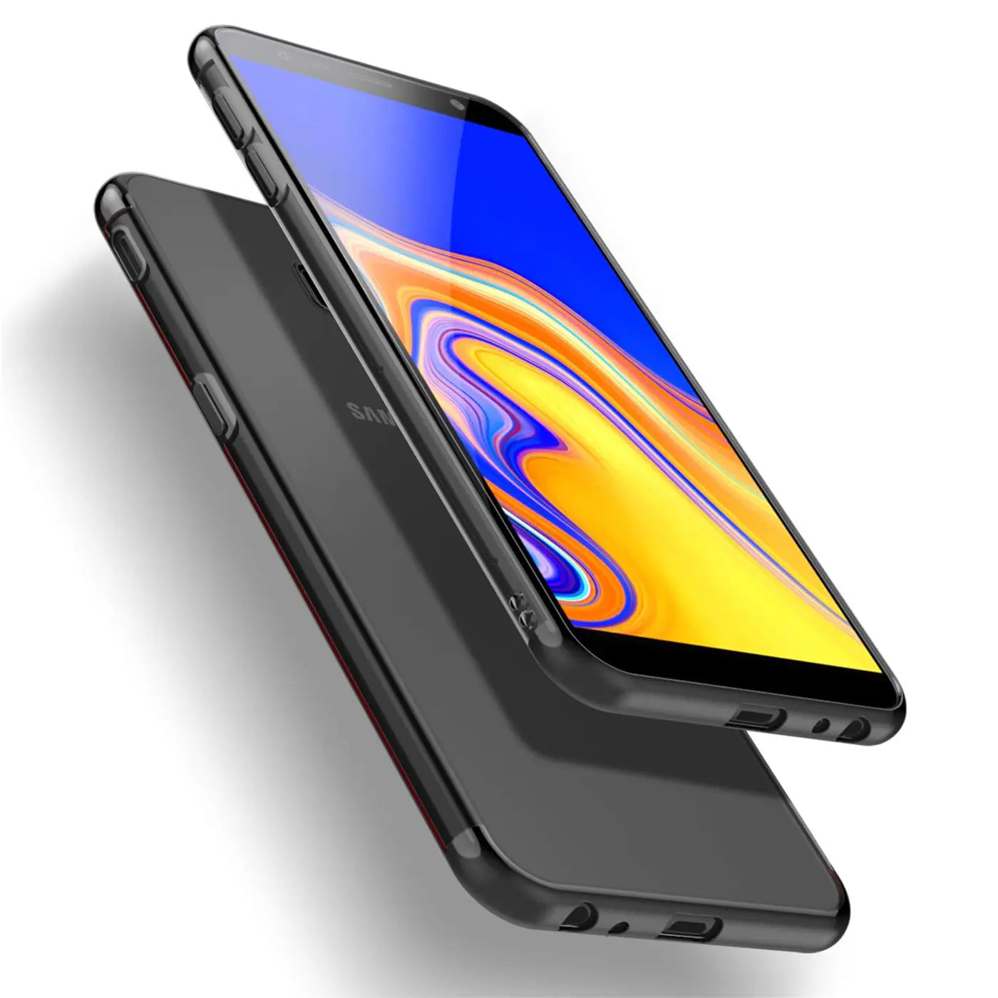 Samsung Galaxy J4 Plus in schwarzer Hülle, klare Rückseite, von schräg oben