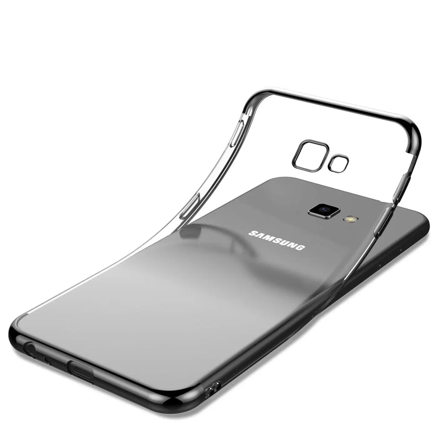 Transparente Hülle aus Kunststoff mit schwarzem Rand auf Samsung Galaxy J4 Plus, Draufsicht.