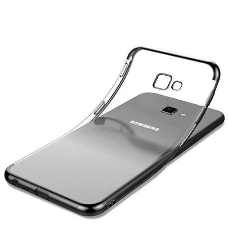 Transparente Handyhülle für Samsung Galaxy J4 Plus mit farblichen Akzenten in Schwarz, Rot, Blau oder Roségold.
