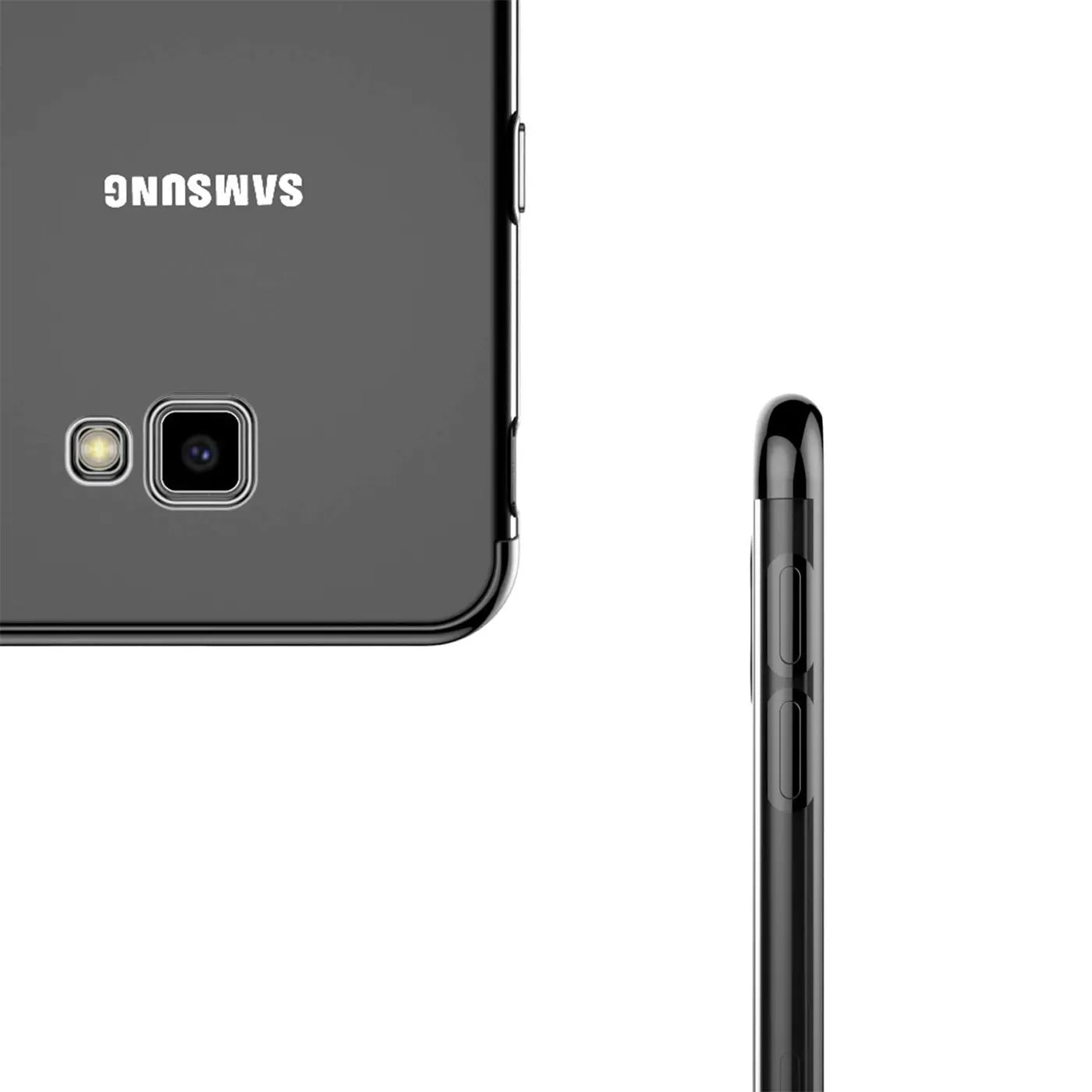 Samsung Galaxy J4 Plus mit transparenter Hülle, schwarzer Rand, Rückansicht und Seitenansicht.