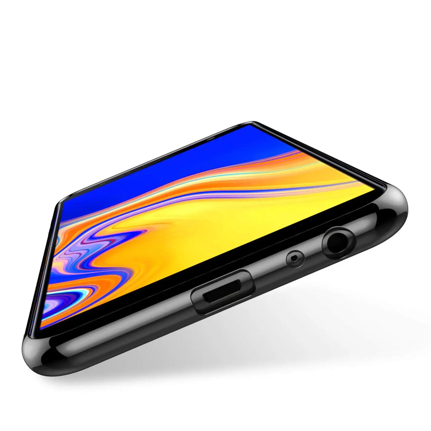 Samsung Galaxy J4 Plus in schwarzer Hülle, von schräg oben, mit sichtbaren Anschlüssen.