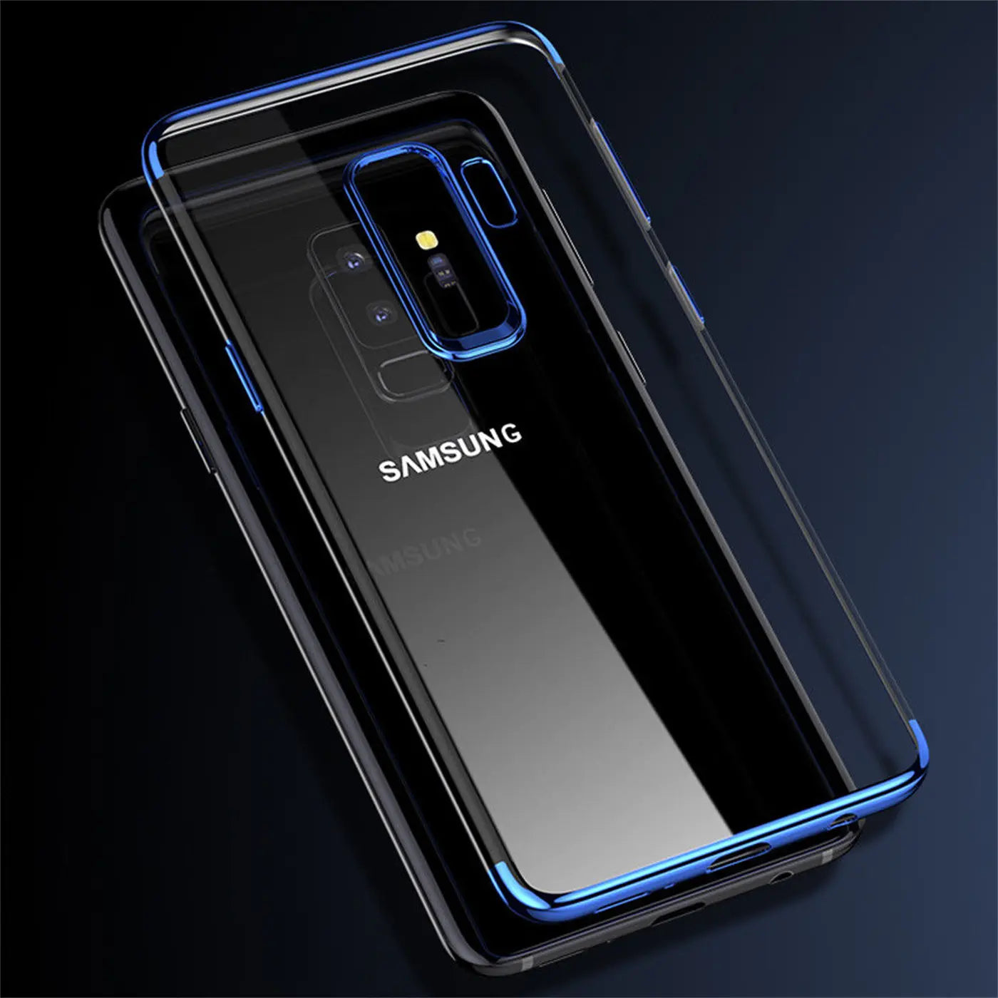 Transparente Hülle mit blauem Rand für Samsung Galaxy J5 2017, von oben betrachtet.