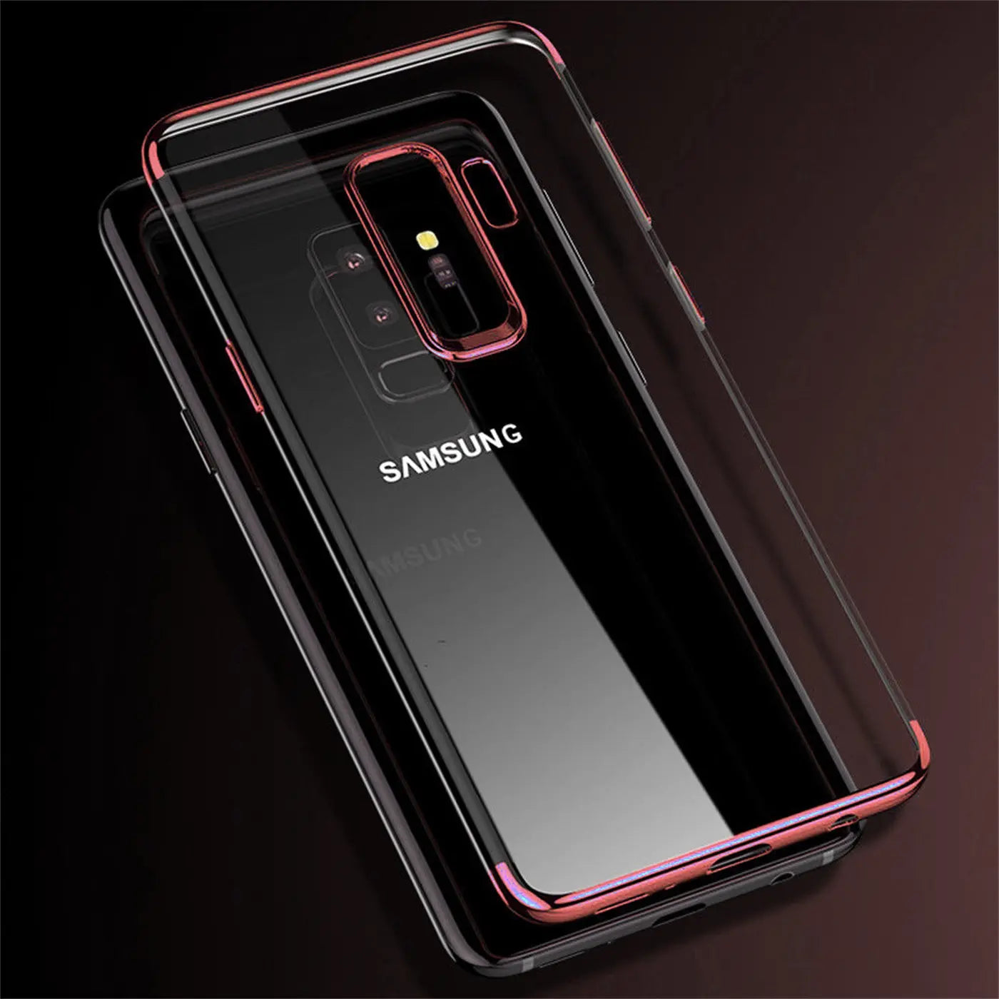 Transparente Hülle mit roségoldenem Rand, zeigt Samsung-Logo, von oben.
