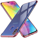 Transparente Handyhülle für Samsung Galaxy M20 mit farblichen Akzenten in Schwarz, Rot, Blau oder Roségold.