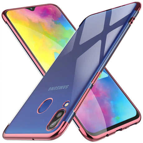 Transparente Handyhülle für Samsung Galaxy M20 mit farblichen Akzenten in Schwarz, Rot, Blau oder Roségold.