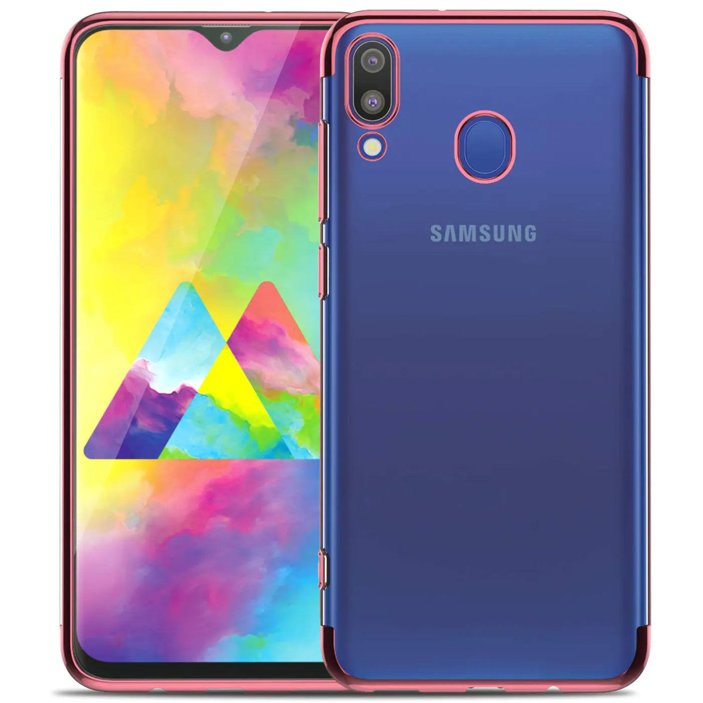 Samsung Galaxy M20 mit transparenter Hülle und rotem Rand, von vorne und hinten gezeigt.