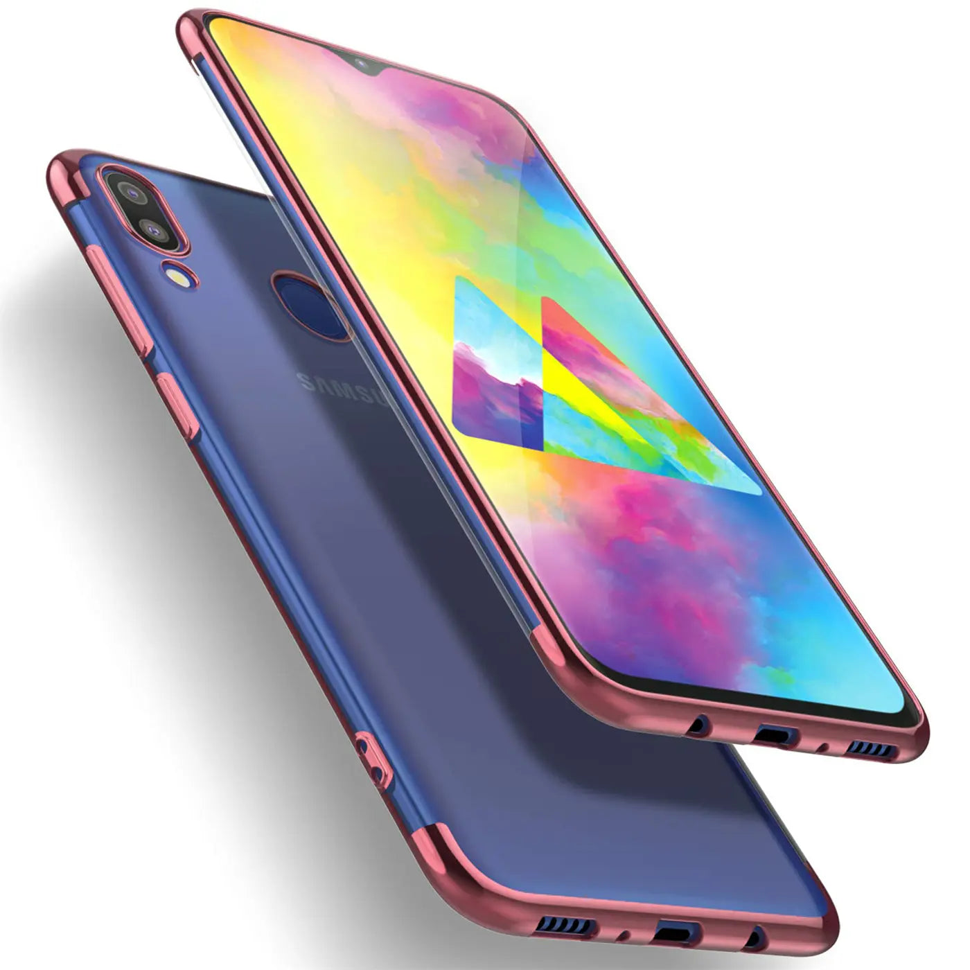 Samsung Galaxy M20 Hülle, transparent, blau, roségoldfarbener Rand, von schräg oben