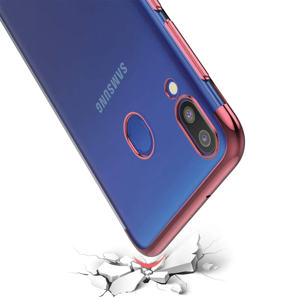 Transparente Handyhülle für Samsung Galaxy M20 mit farblichen Akzenten in Schwarz, Rot, Blau oder Roségold.