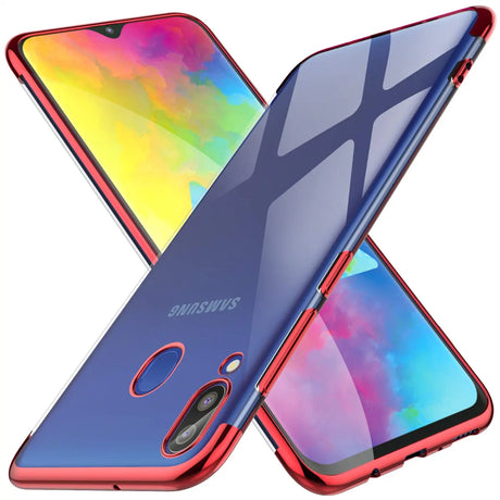 Transparente Handyhülle für Samsung Galaxy M20 mit farblichen Akzenten in Schwarz, Rot, Blau oder Roségold.