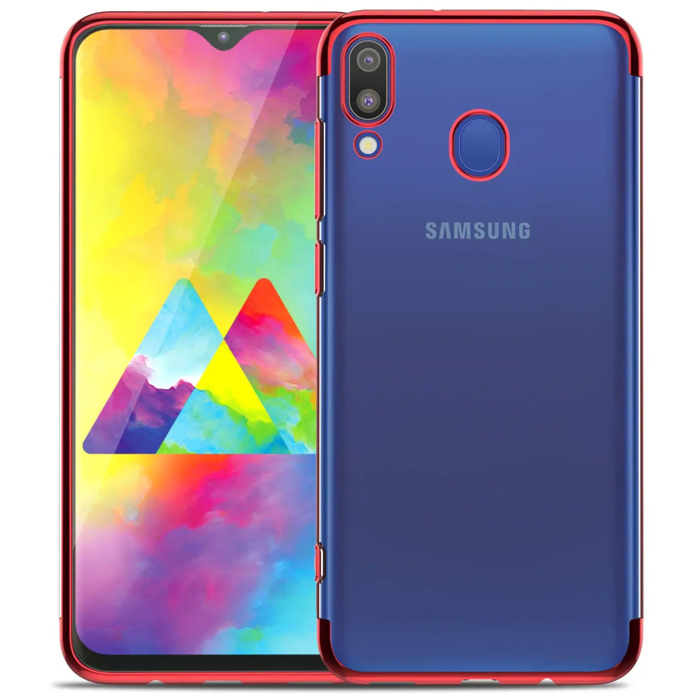 Samsung Galaxy M20 mit blauer Hülle, rotem Rand, von vorne und hinten gezeigt.