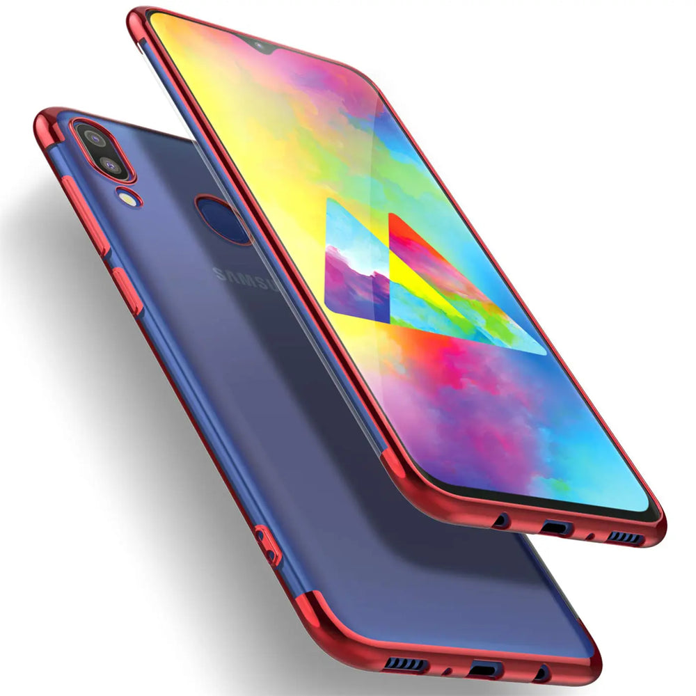 Transparente Handyhülle für Samsung Galaxy M20 mit farblichen Akzenten in Schwarz, Rot, Blau oder Roségold.