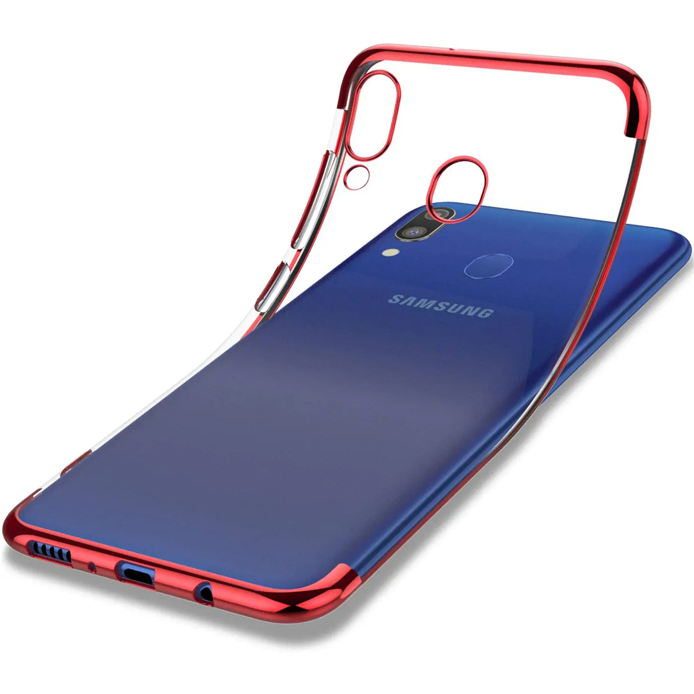 Transparente Hülle mit rotem Rand, auf blauem Samsung Galaxy M20, von oben schräg