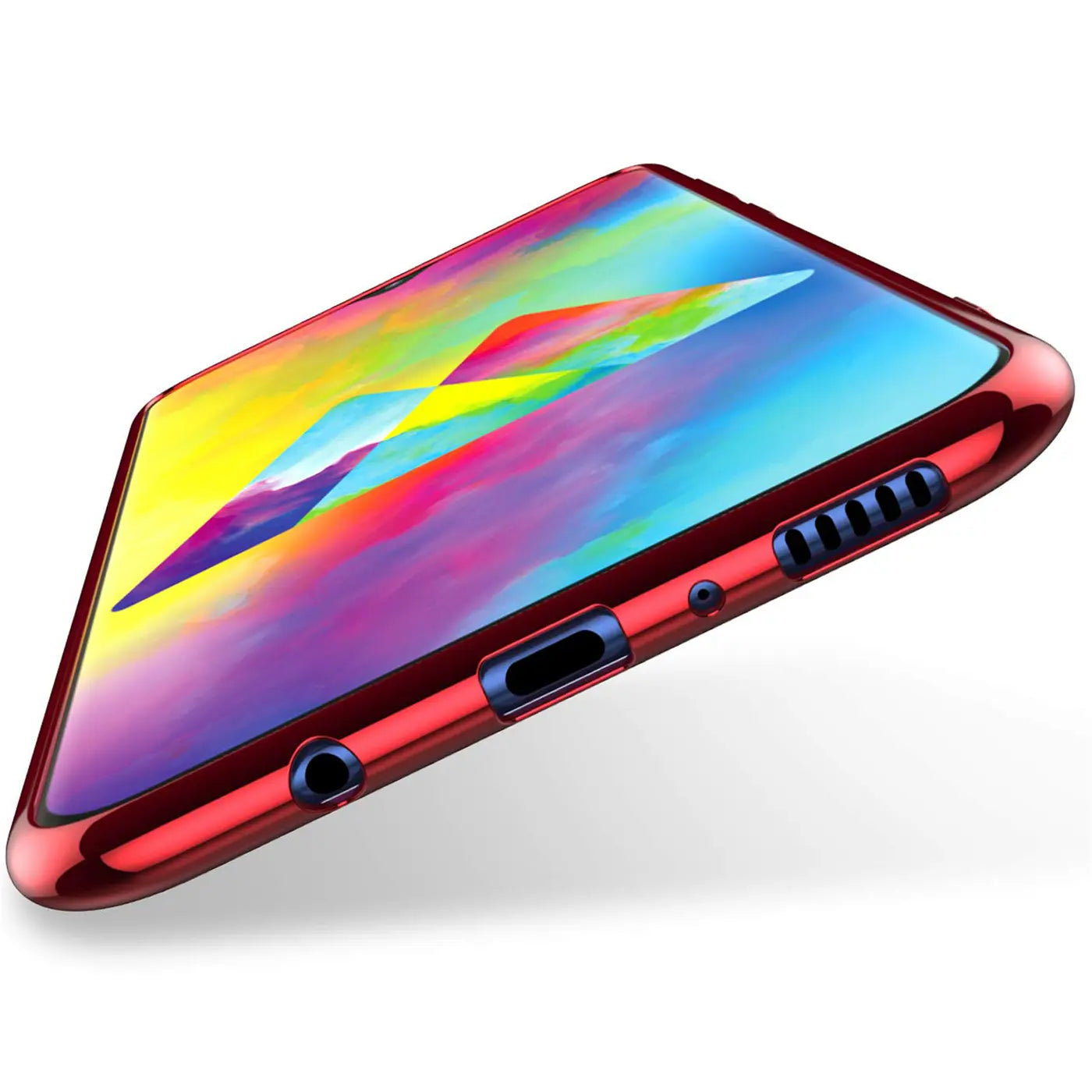 Rote Hülle mit transparentem Mittelteil, von unten schräg fotografiert, zeigt Samsung Galaxy M20.