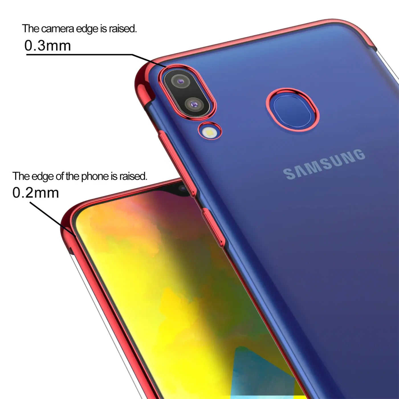 Samsung Galaxy M20 Hülle, transparent mit rotem Rand, Rückansicht, Nahaufnahme.