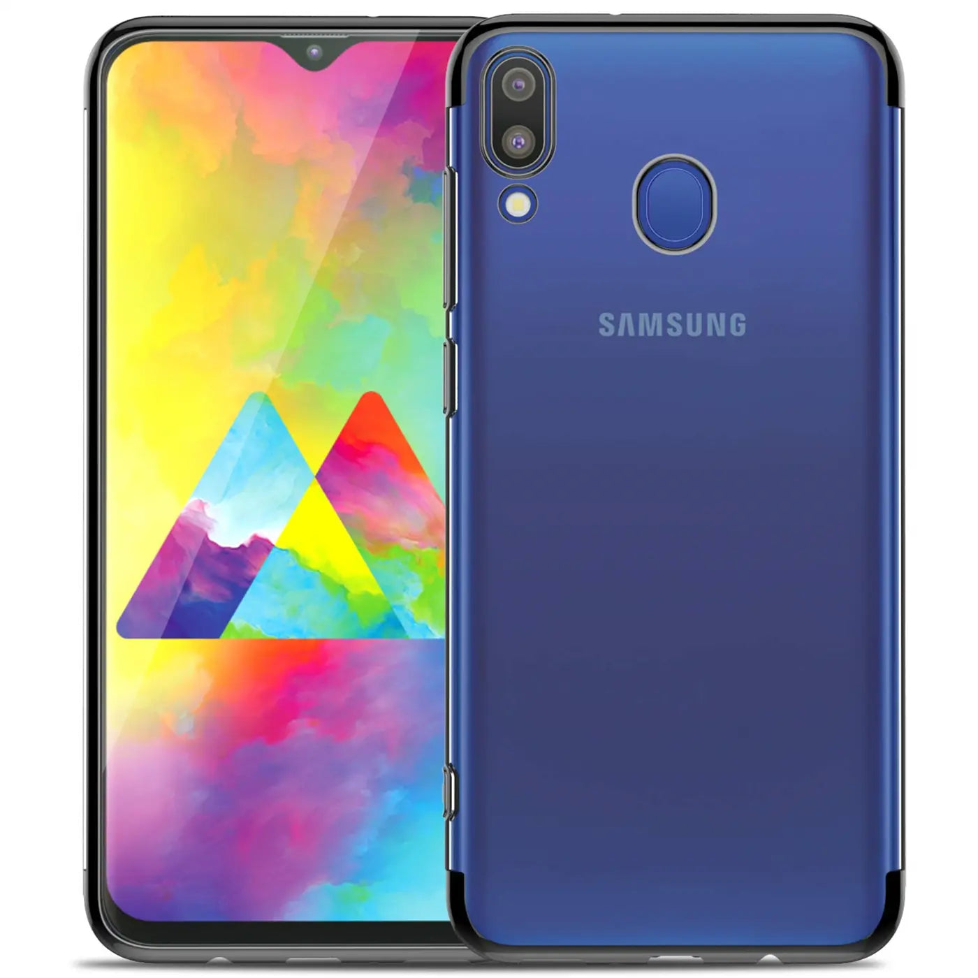 Samsung Galaxy M20 mit blauer Hülle, Vorder- und Rückansicht, transparentes Material.