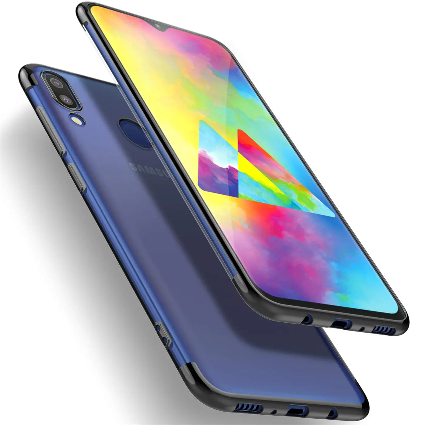 Samsung Galaxy M20 in blauer Hülle, von schräg oben, transparentes Material mit farbigem Rand.