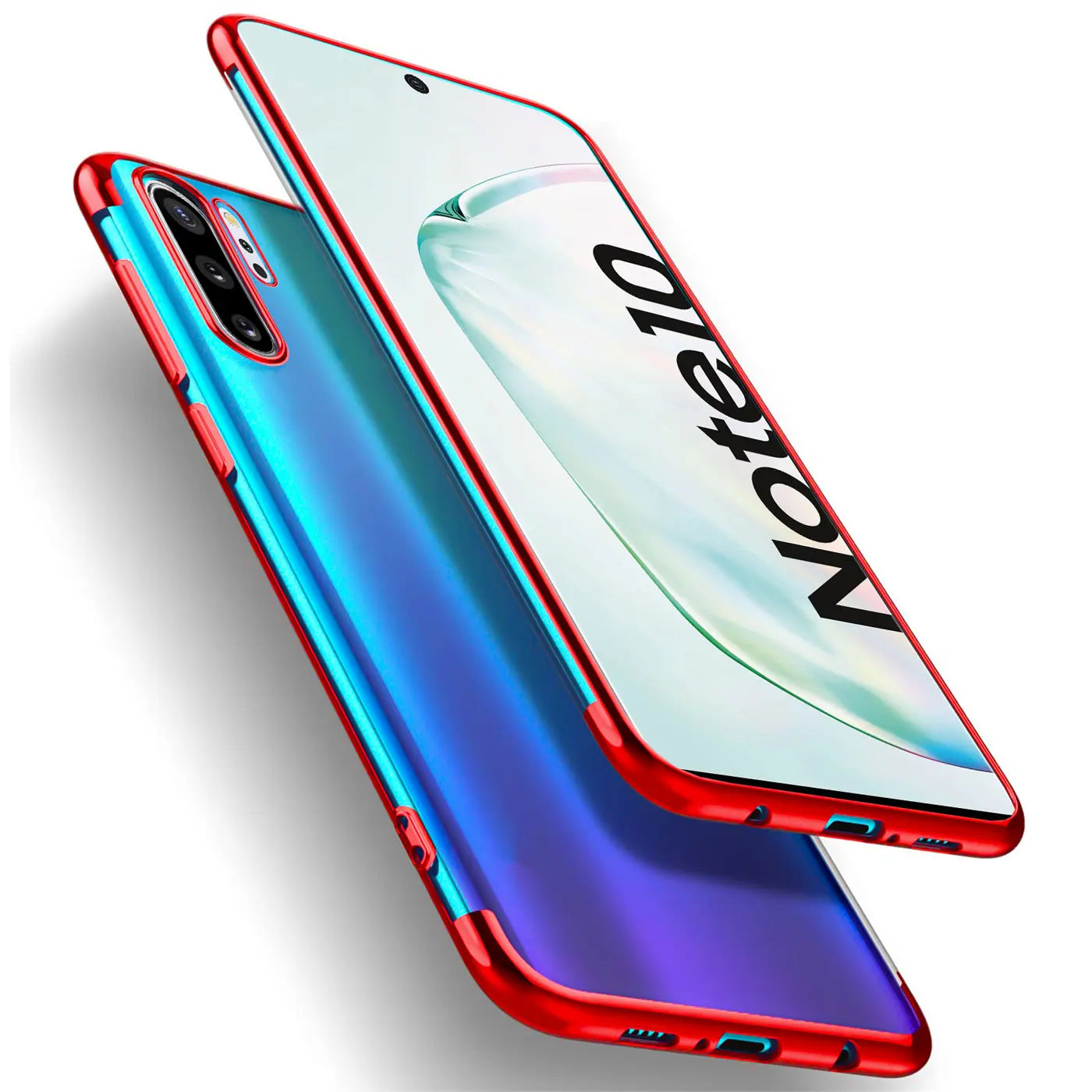Samsung Galaxy Note 10 mit roter Hülle, klare Rückseite, von schräg oben, mit reflektierender Oberfläche.