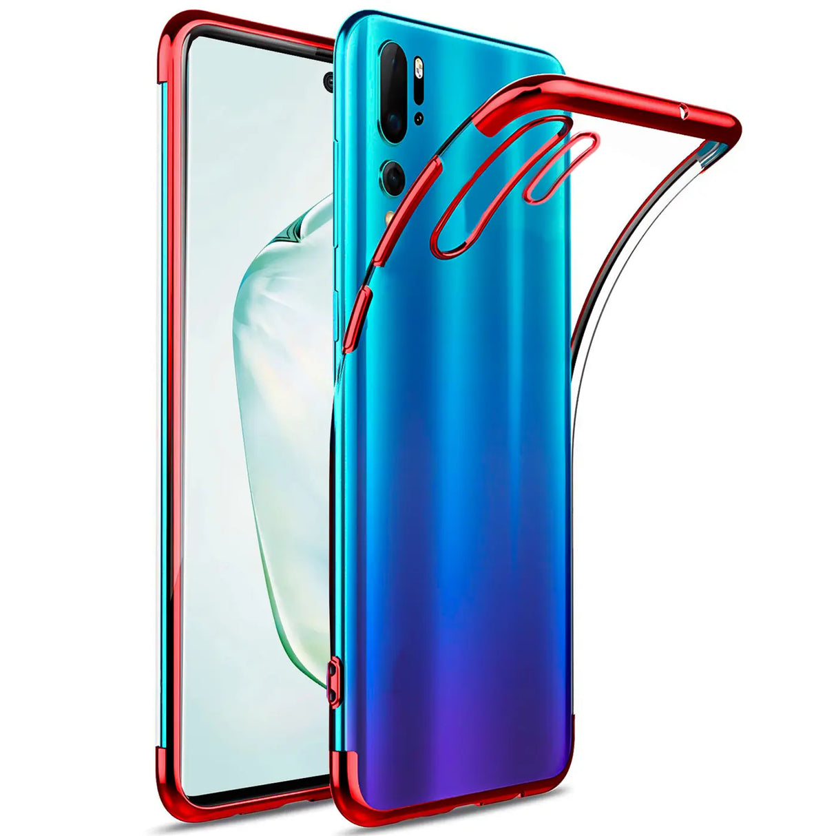 Transparente Handyhülle für Samsung Galaxy Note 10 mit farblichen Akzenten in Schwarz, Rot, Blau oder Roségold.