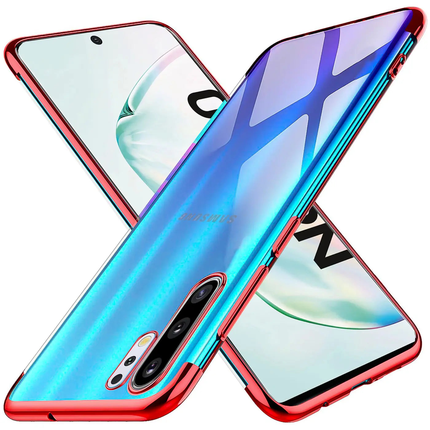 Samsung Galaxy Note 10 mit roter Hülle, klare Rückseite, von schräg oben, mit Kamera