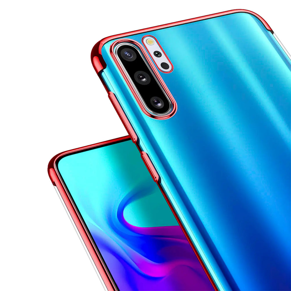 Transparente Handyhülle für Samsung Galaxy Note 10 mit farblichen Akzenten in Schwarz, Rot, Blau oder Roségold.