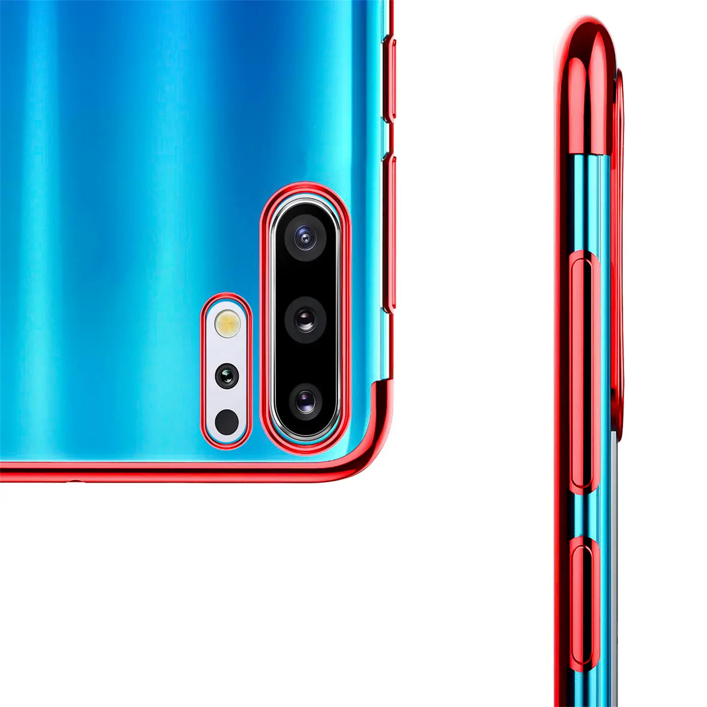 Samsung Galaxy Note 10 Hülle, rot/blau, Nahaufnahme Rückseite und Seite, klare Hülle mit Farbrand