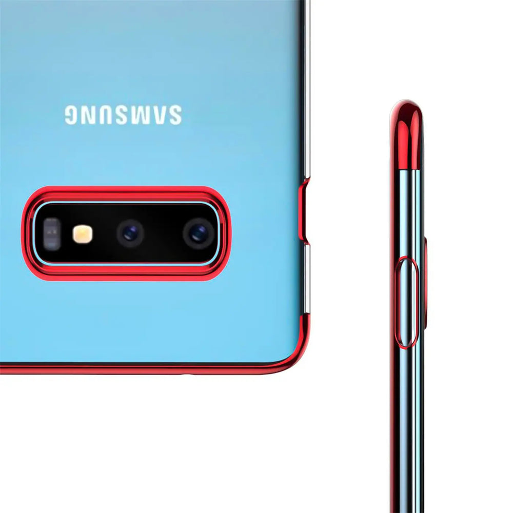 Samsung Galaxy S10 Plus mit roter Hülle, Nahaufnahme der Rückseite und Seite.