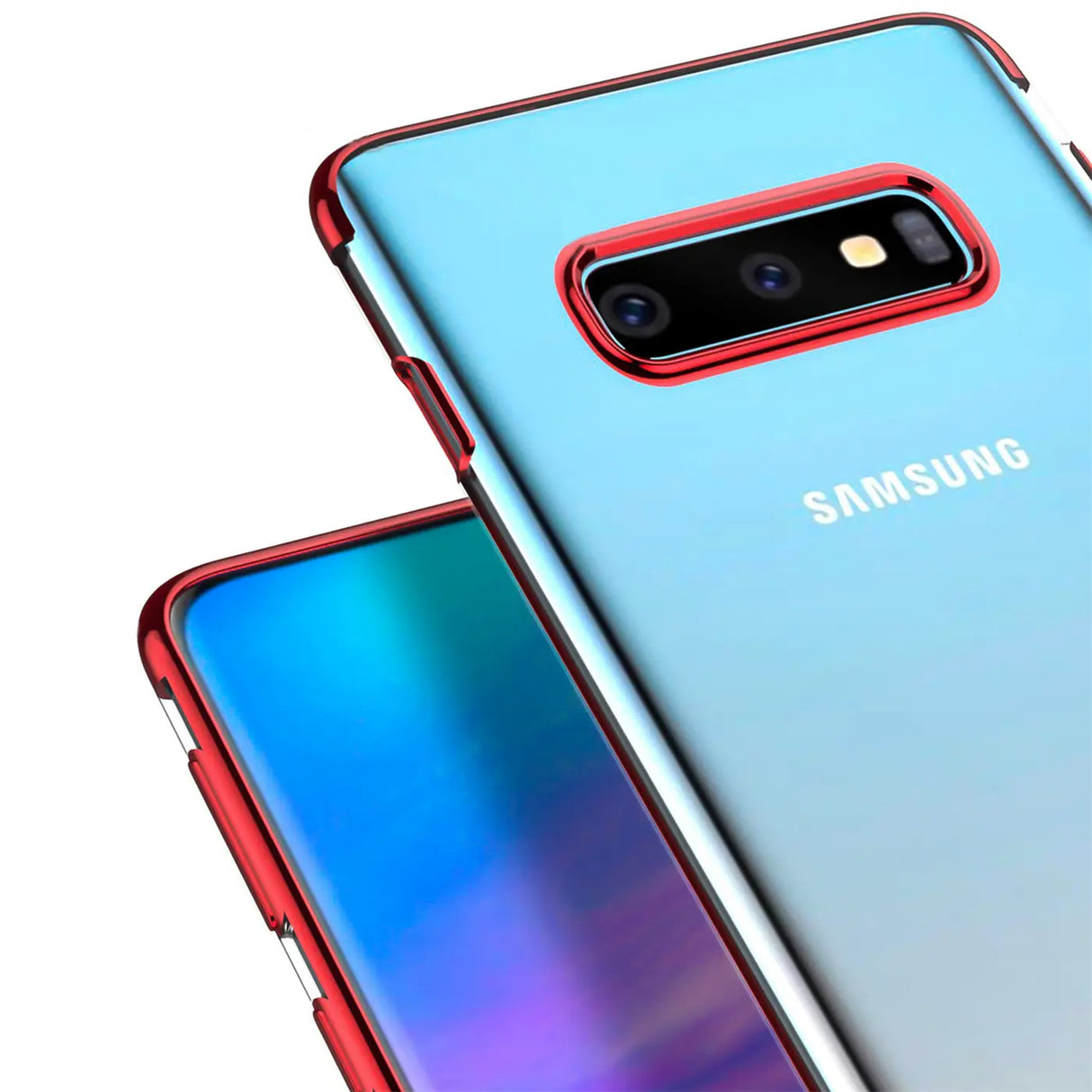 Transparente Handyhülle für Samsung Galaxy S10 Plus mit farblichen Akzenten in Schwarz, Rot, Blau oder Roségold.