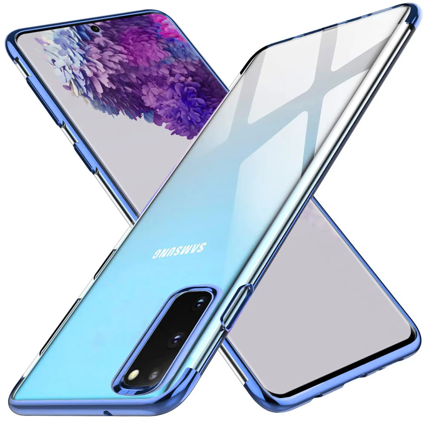 Samsung Galaxy S20 Hülle, transparent, blauer Rand, Rückansicht, schräg
