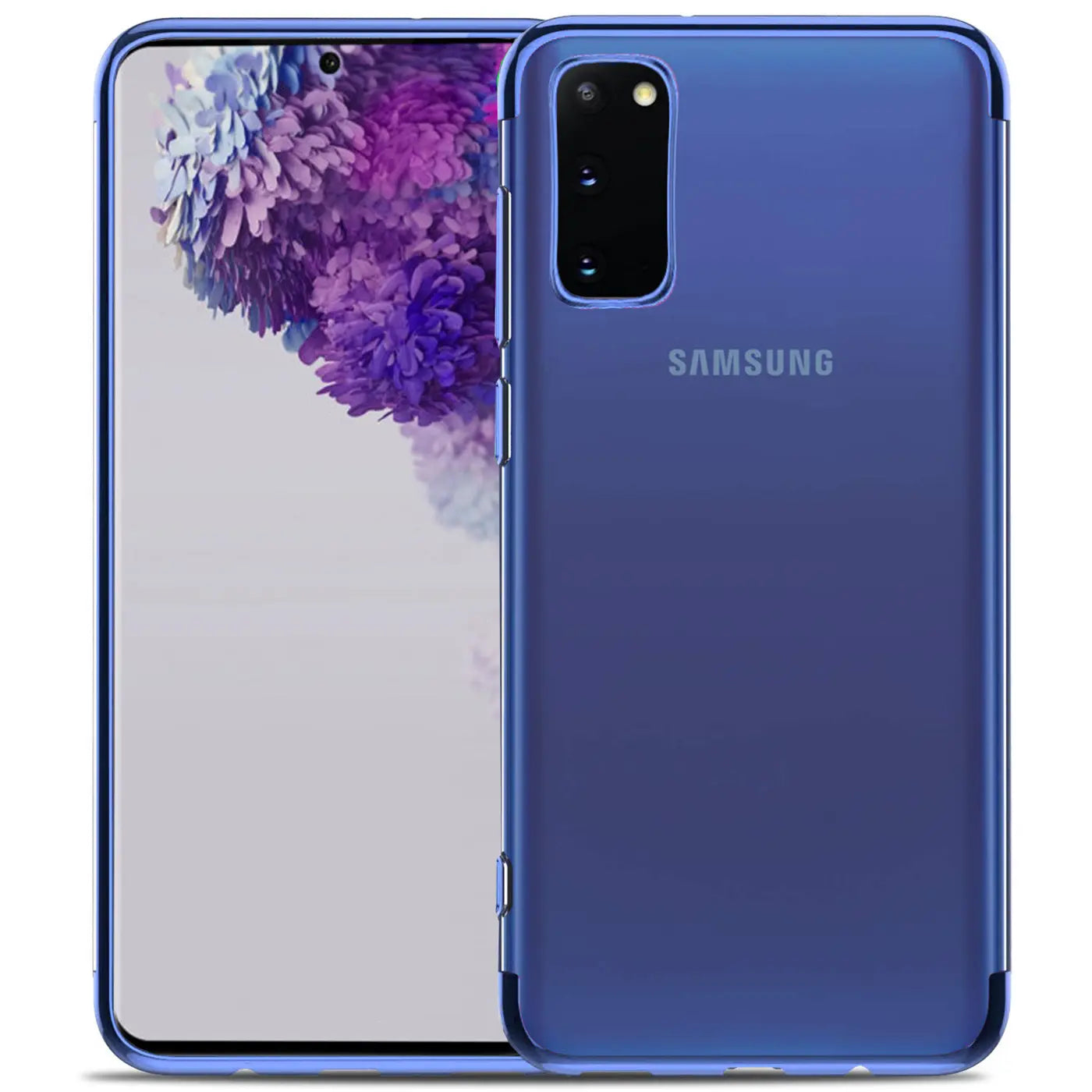 Samsung Galaxy S20 mit blauer Hülle, Vorder- und Rückansicht, transparentes Material mit farbigem Rand.