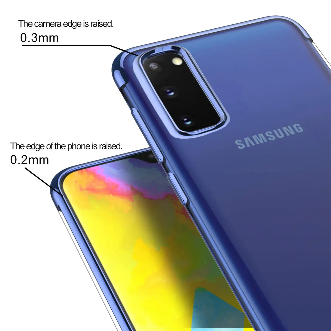 Samsung Galaxy S20 mit transparenter Hülle, blauer Rand, Nahaufnahme.