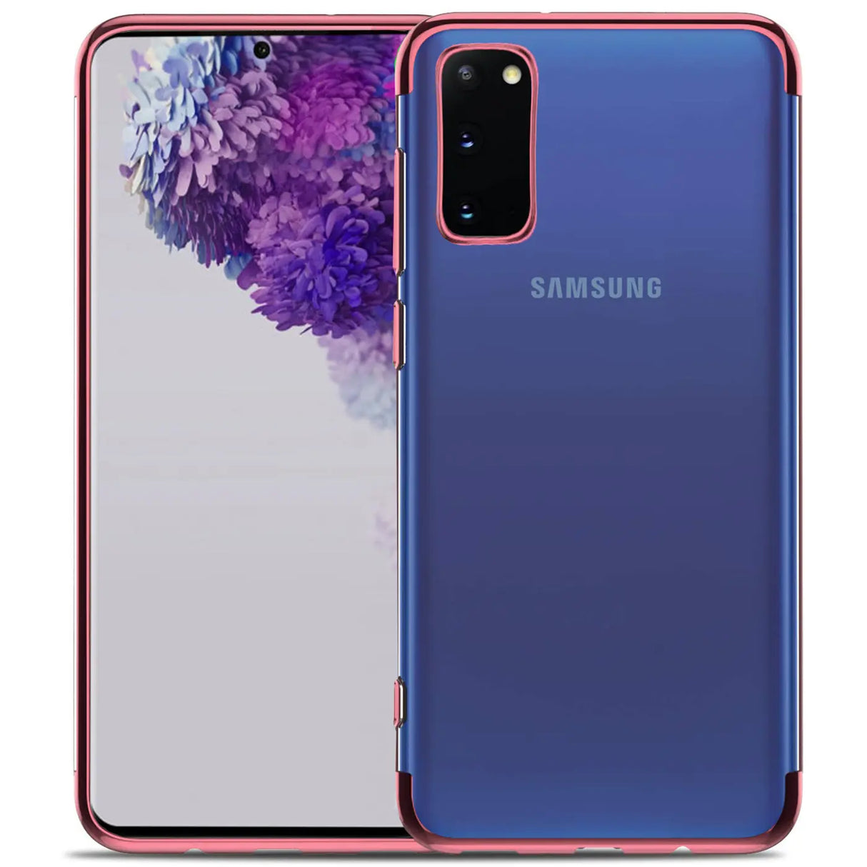 Transparente Handyhülle für Samsung Galaxy S20 Plus mit farblichen Akzenten in Schwarz, Rot, Blau oder Roségold.