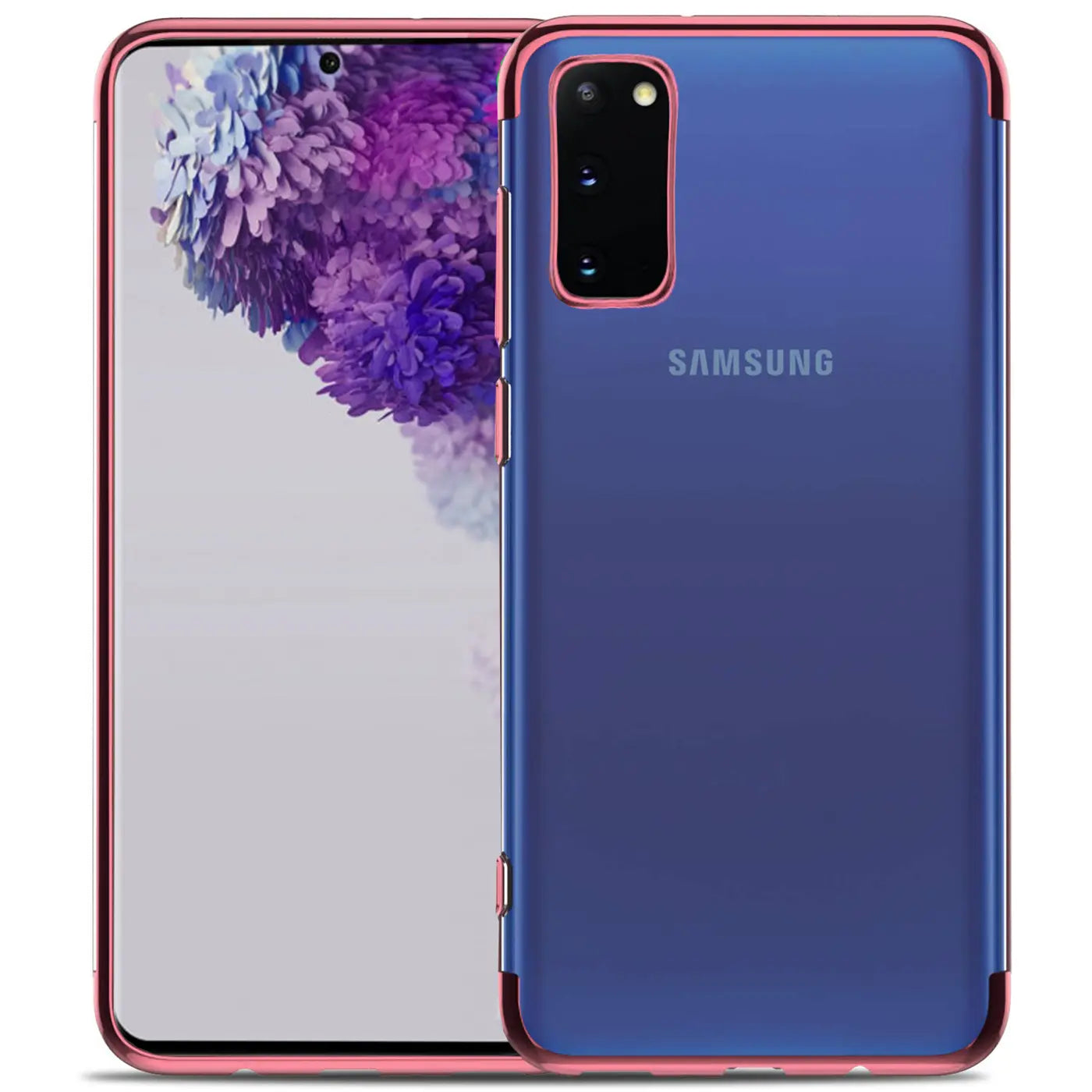 Samsung Galaxy S20 Plus mit transparenter Hülle, rotem Rand, Rückansicht.