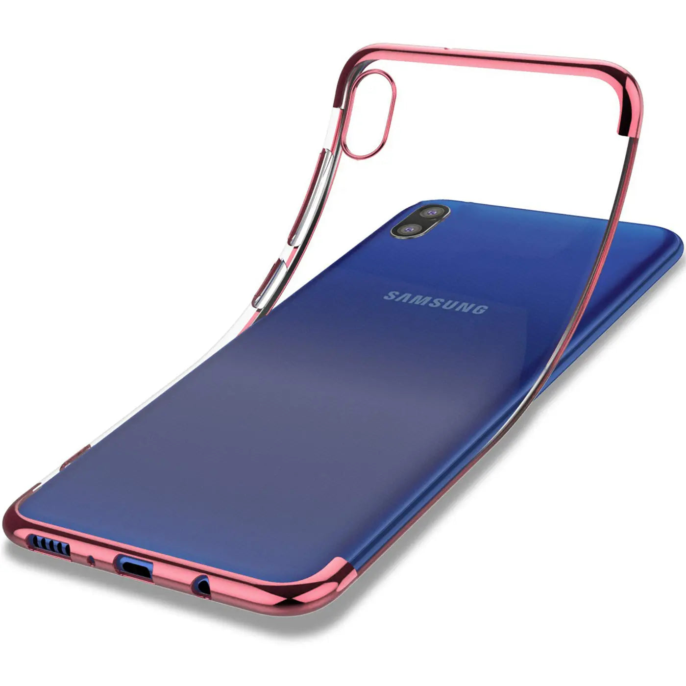 Transparente Hülle mit roségoldenem Rand, auf blauem Samsung S20 Plus, von schräg oben.