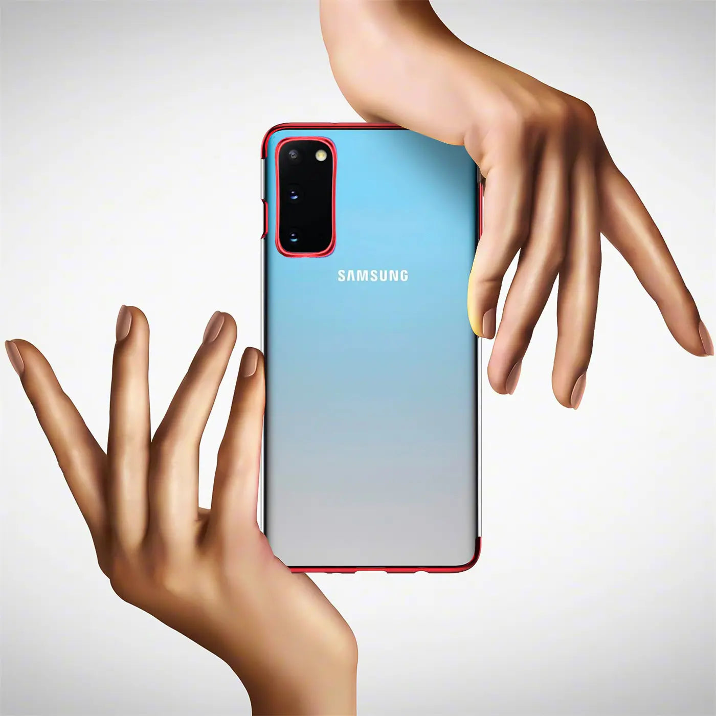 Samsung Galaxy S20 Plus mit rotem Rand, von hinten gezeigt, von Händen gehalten.