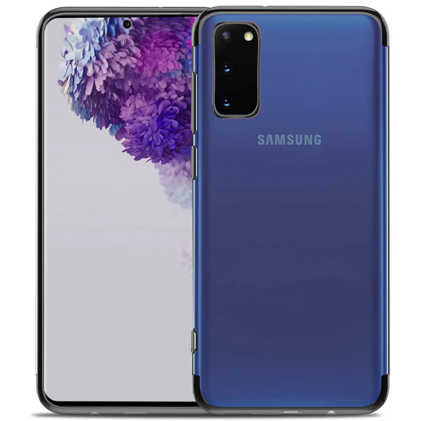 Samsung Galaxy S20 Plus in blauer Hülle, von hinten, transparentes Material mit Farbrand.