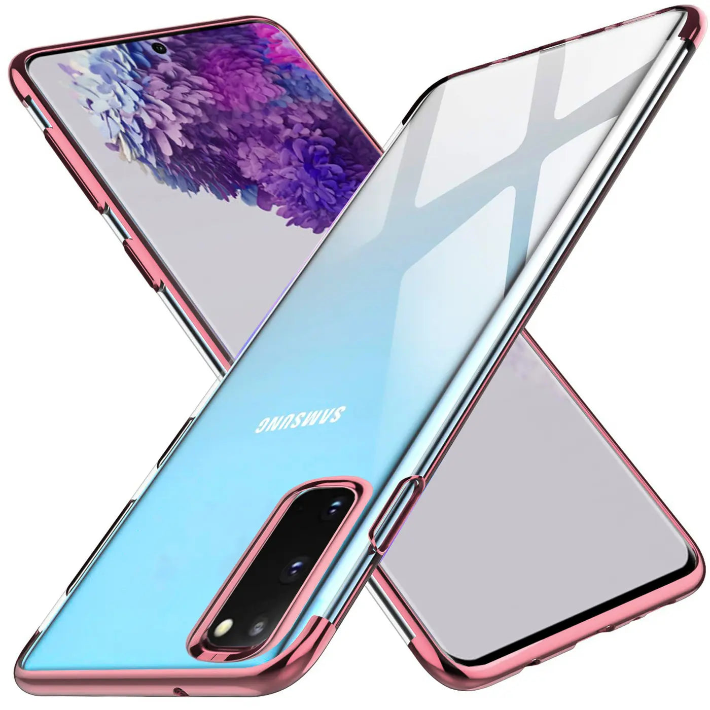 Samsung Galaxy S20 mit transparenter Hülle, rosa Rand, von vorne schräg