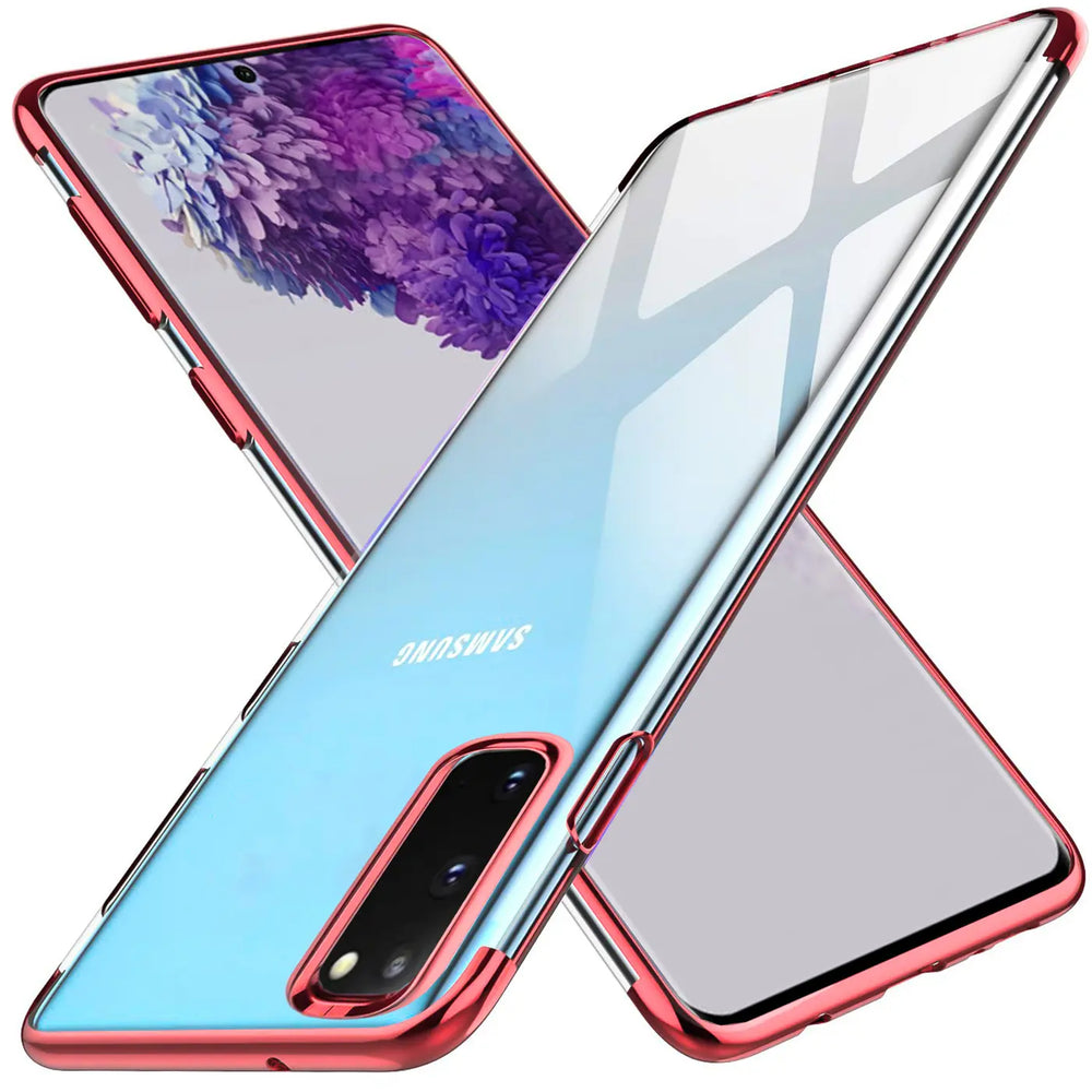 Transparente Handyhülle für Samsung Galaxy S20 mit farblichen Akzenten in Schwarz, Rot, Blau oder Roségold.