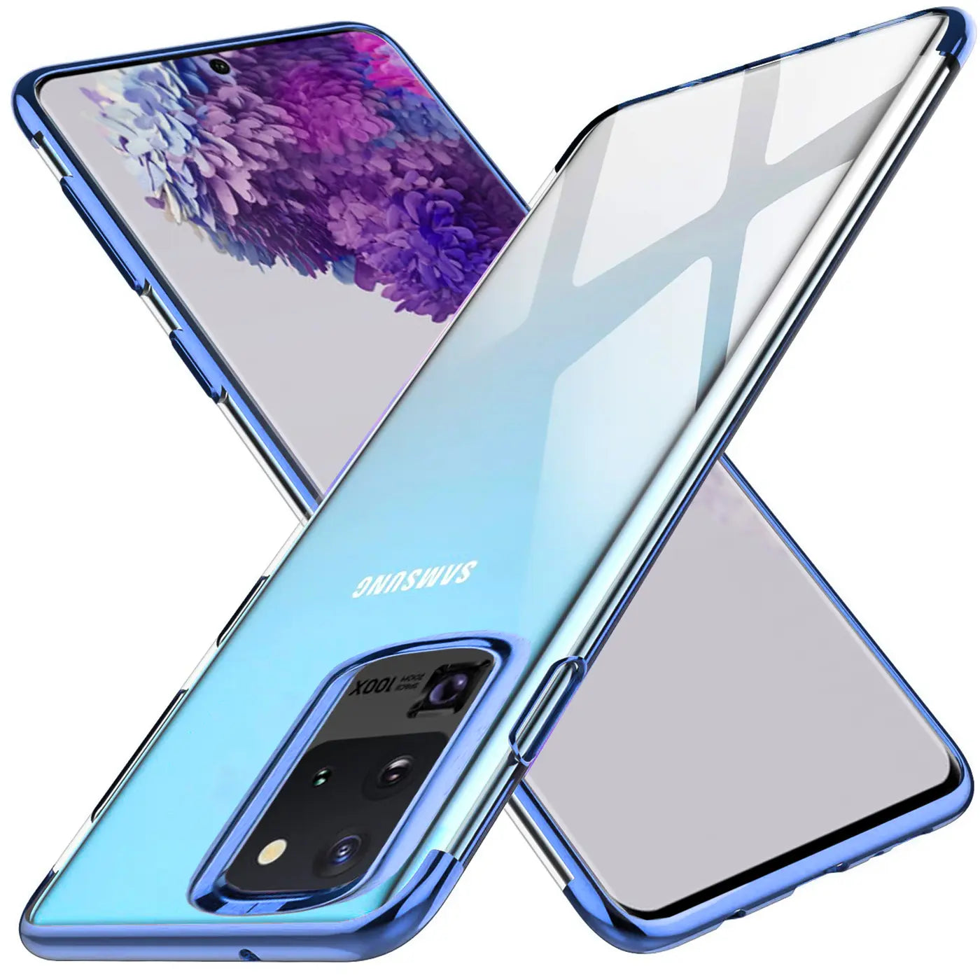 Samsung Galaxy S20 Ultra Hülle, transparent, blauer Rand, von hinten, aus Kunststoff