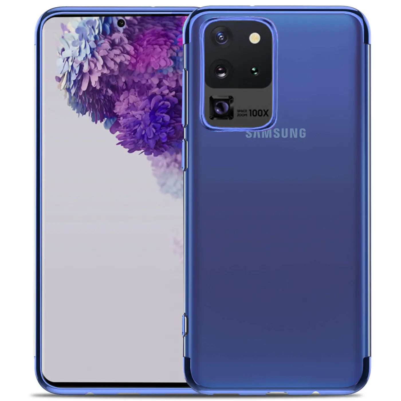 Samsung Galaxy S20 Ultra in blauer Hülle, von hinten/schräg, transparentes Material.