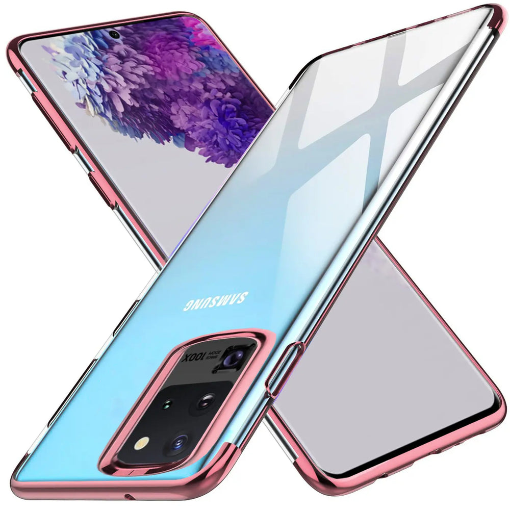 Transparente Handyhülle für Samsung Galaxy S20 Ultra mit farblichen Akzenten in Schwarz, Rot, Blau oder Roségold.