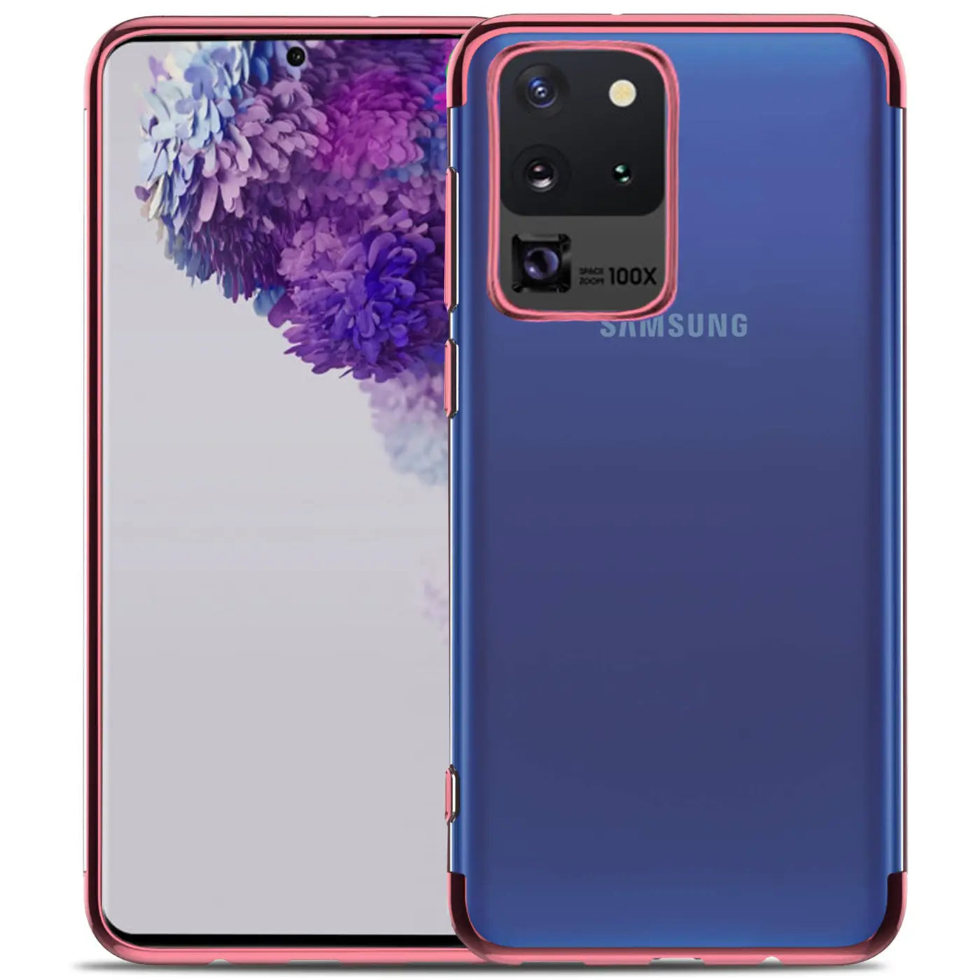 Samsung Galaxy S20 Ultra in klarer Hülle mit rotem Rand, Rückansicht, von vorne