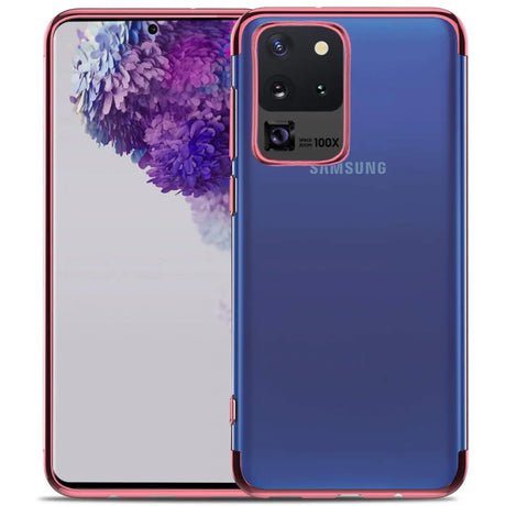 Transparente Handyhülle für Samsung Galaxy S20 Ultra mit farblichen Akzenten in Schwarz, Rot, Blau oder Roségold.