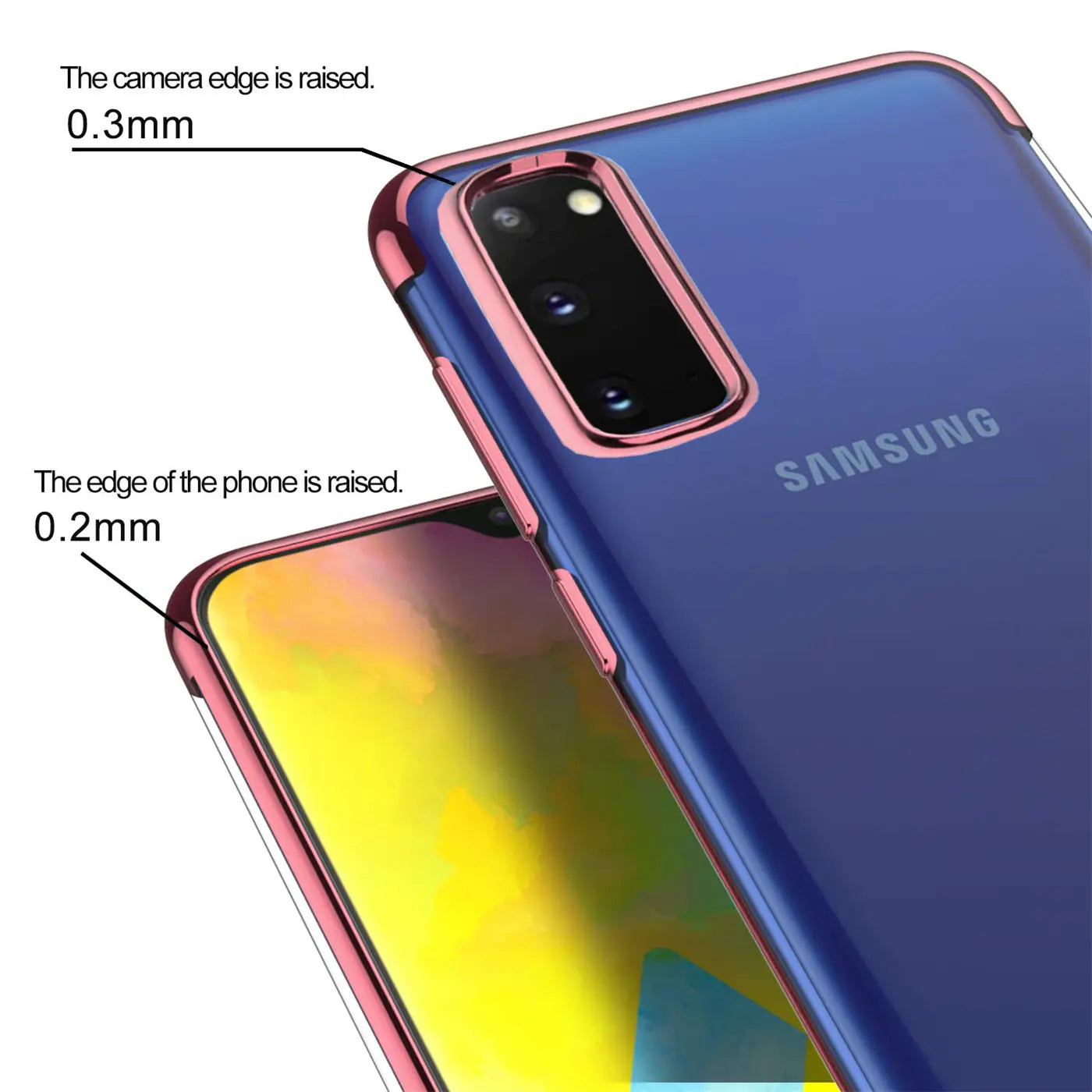 Samsung S20 Ultra Hülle, transparent, rosa Rand, Nahaufnahme, Rückseite und Vorderseite