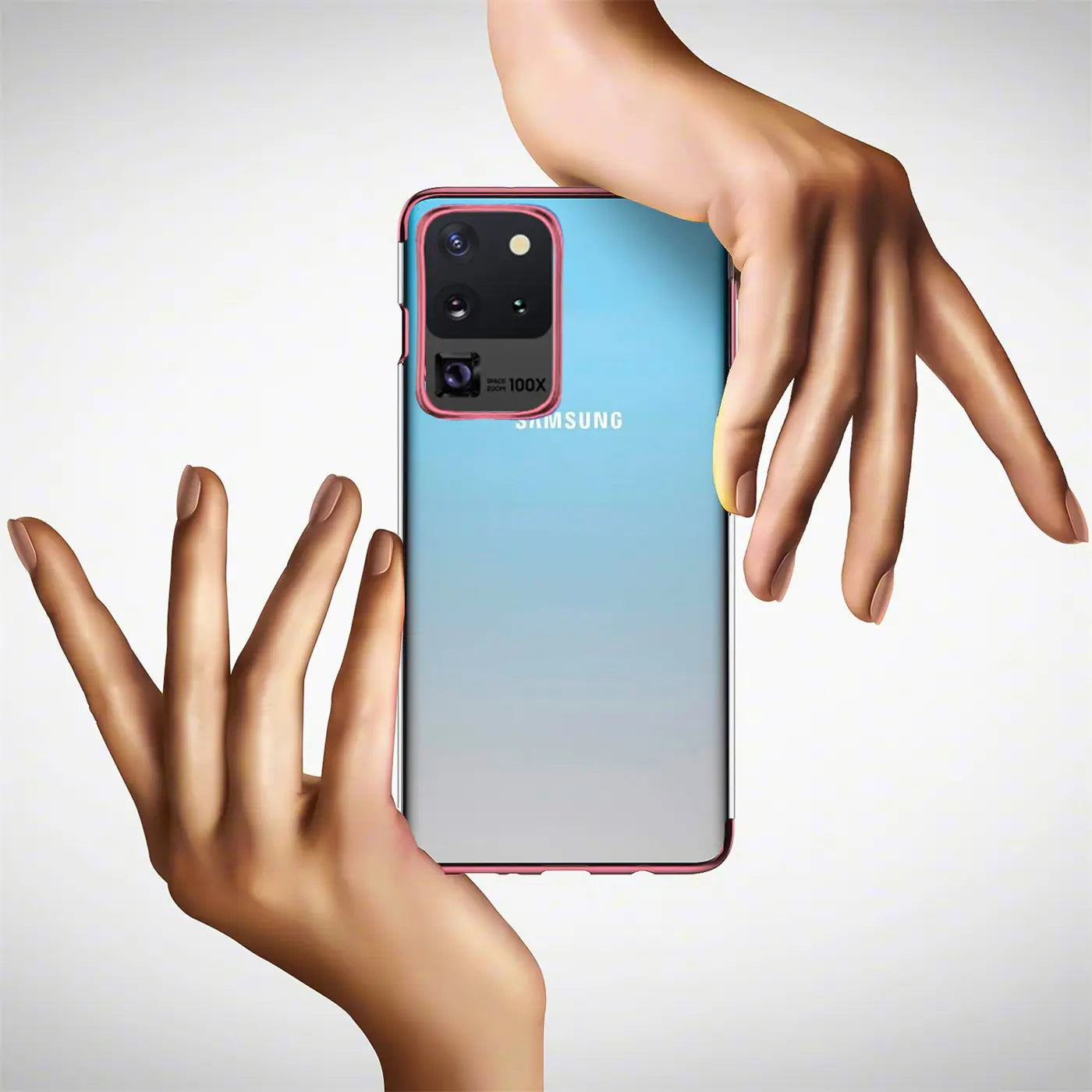 Samsung Galaxy S20 Ultra mit transparenter Hülle und rotem Rand, von hinten gezeigt.